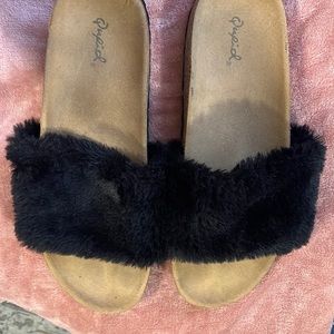 hardly worn black furry slides!